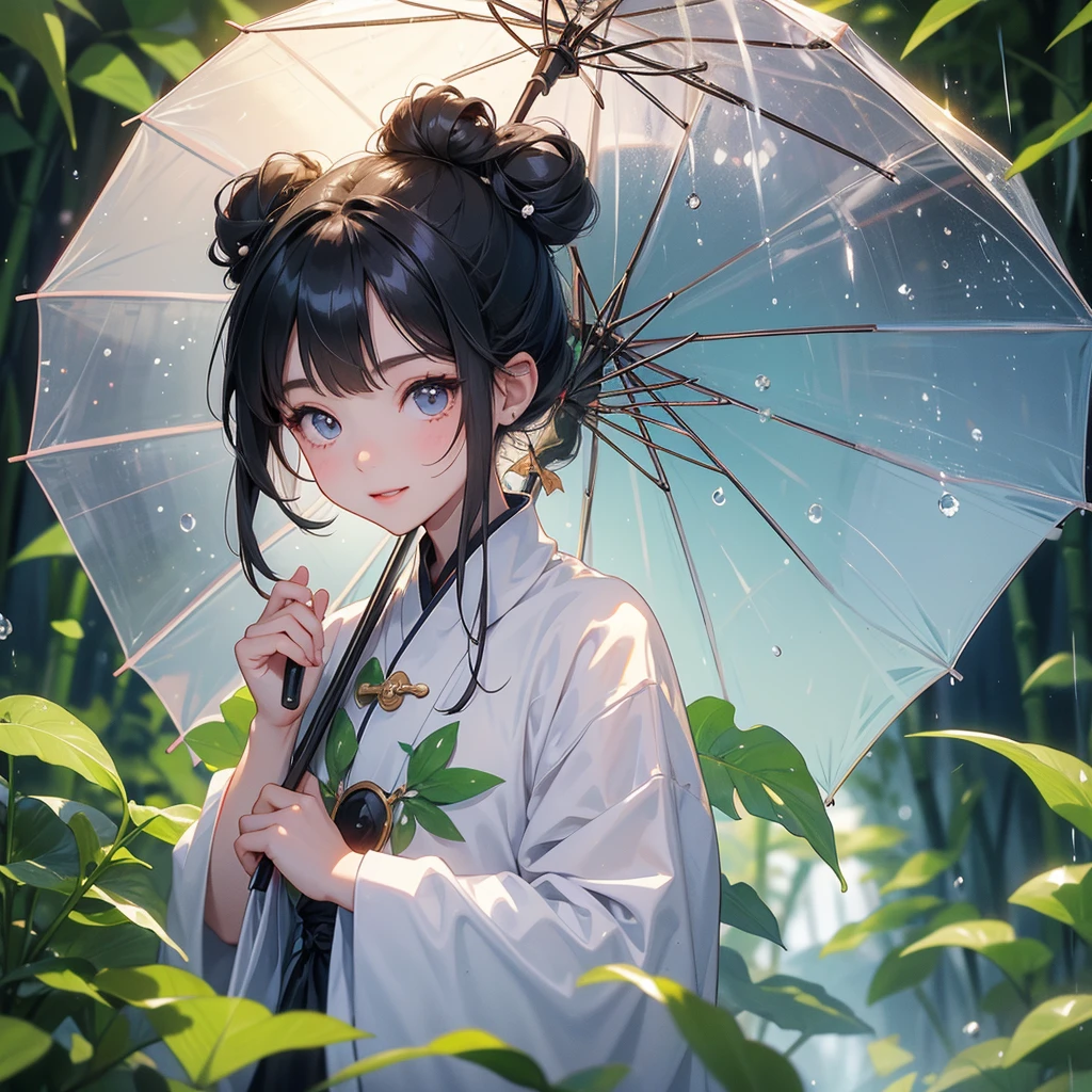 A chibi child girl had a small face and Wearing white little Taoist priest's outfit. A pair of big round eyes shone with curiosity about him. This child was so cute! ,her hair is black with two buns on her hair.small chibi, chibi baby, smiling,The little chibi baby looked up with his chest raised, and his face was old and proud.
The back is a lush green bamboo forest. The air after rain has water droplets splashing around.
Stand holding an umbrella to protect from the rain. Rain fell and splashed around. There are water droplets falling on the leaves in the surrounding area, green and moist, the atmosphere after rain.