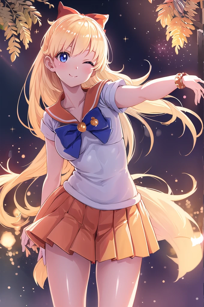 sv1, Sailor Warrior Uniform, Orange Skirt, Elbow hand pockets, tiara, Pleated skirt, mini skirt, Red Bow, Orange Choker, White gloves, jewelry, Outdoor, Surrounded by magical rainbows and sparkles, Against a bright, shining, fantastical background, Leaning forward, Point to your audience, break looking at viewer, (Cowboy Shot:1.5), break (masterpiece:1.2), Highest quality, High resolution, unity 8k wallpaper, (figure:0.8), (Beautiful attention to detail:1.6), Highly detailed face, Perfect lighting, Highly detailed CG, (Perfect hands, Perfect Anatomy), (3D Face:1.1), (Shiny skin:1.5), (超High resolution intricate face details), (Facial skin pores:1.3), 超High resolution cloth texture, seductive smile, one eye closed, Blushing, Showing off her perfect legs