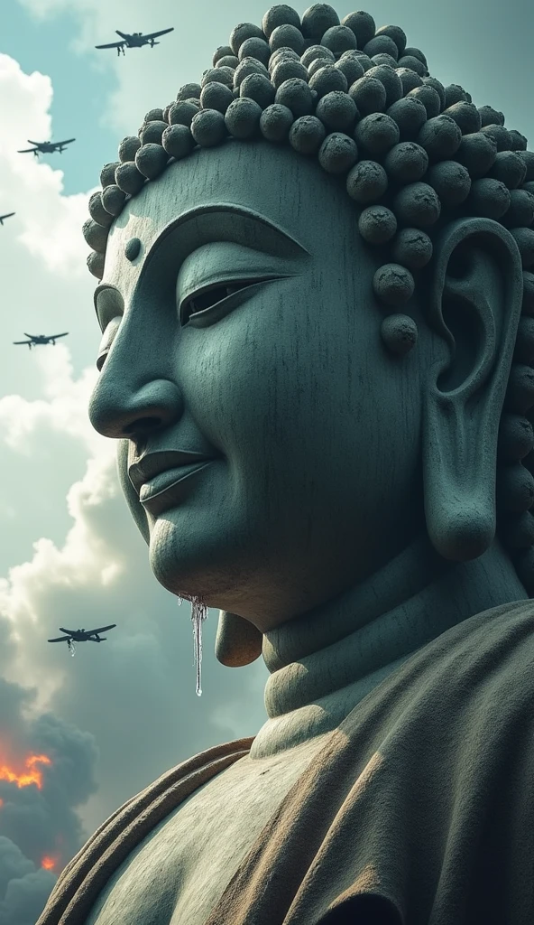 a huge buddha statue shedding a single tear, many war planes can be seen in the sky, air raid, focus on the buddha's face, smokey scene, explosion, very sharp color, very detailed, well defined, high resolution, 4k