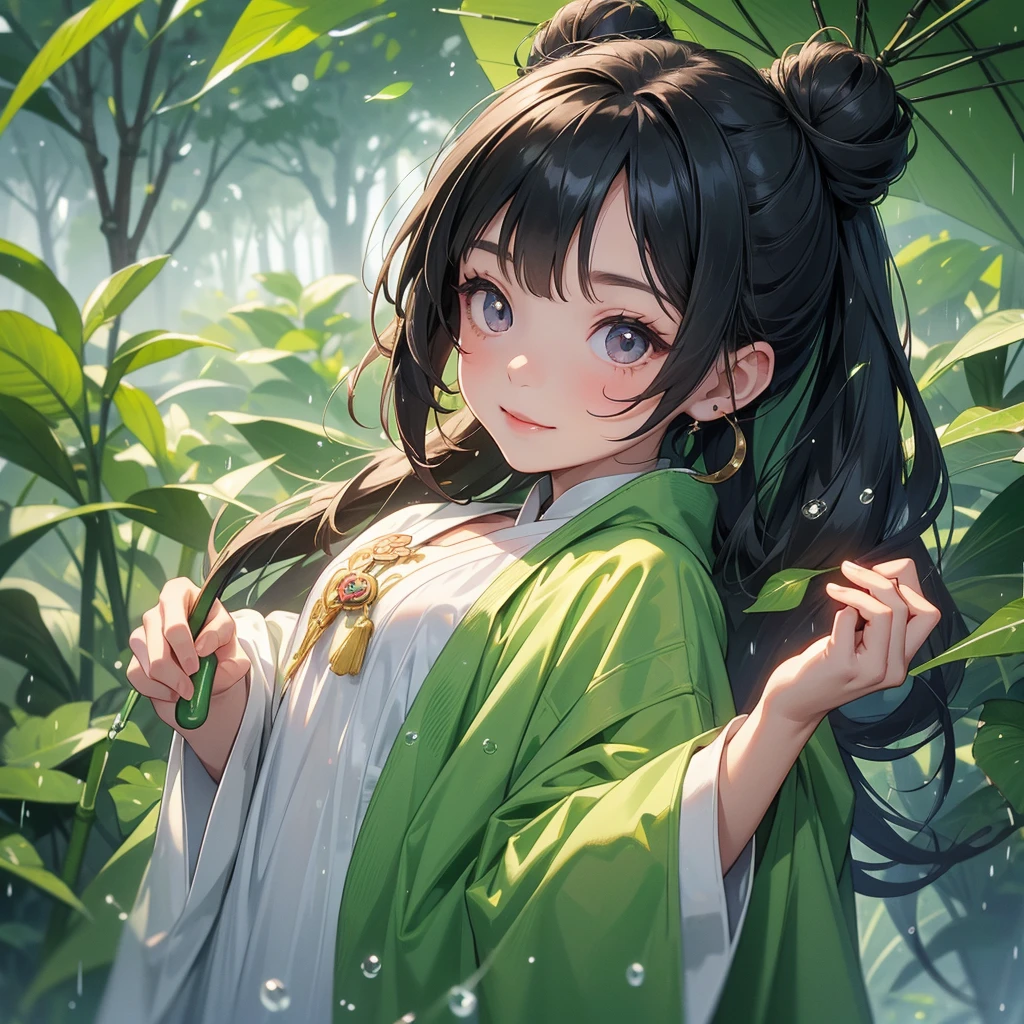 A chibi child girl had a small face and Wearing white little Taoist priest's outfit. A pair of big round eyes shone with curiosity about him. This child was so cute! ,her hair is black with two buns on her hair.small chibi, chibi baby, smiling,The little chibi baby looked up with his chest raised, and his face was old and proud.
The back is a lush green bamboo forest. The air after rain has water droplets splashing around.
Stand holding an umbrella to protect from the rain. Rain fell and splashed around. There are water droplets falling on the leaves in the surrounding area, green and moist, the atmosphere after rain.