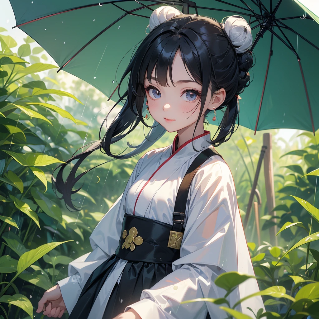 A chibi child girl had a small face and Wearing white little Taoist priest's outfit. A pair of big round eyes shone with curiosity about him. This child was so cute! ,her hair is black with two buns on her hair.small chibi, chibi baby, smiling,The little chibi baby looked up with his chest raised, and his face was old and proud.
The back is a lush green bamboo forest. The air after rain has water droplets splashing around.
Stand holding an umbrella to protect from the rain. Rain fell and splashed around. There are water droplets falling on the leaves in the surrounding area, green and moist, the atmosphere after rain.