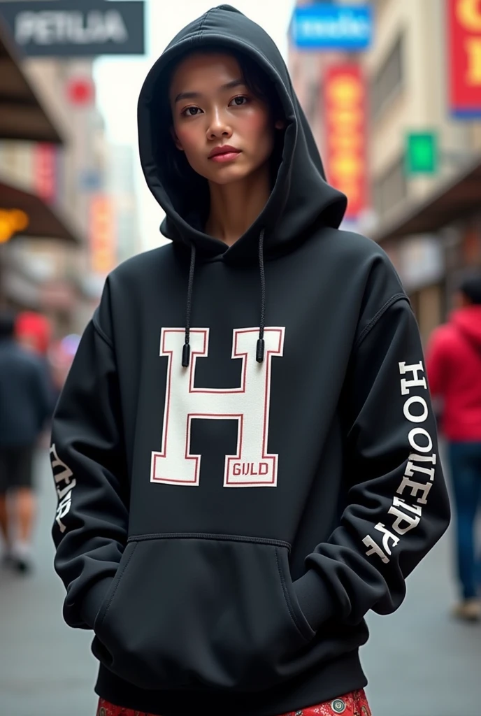a hoodie with an H and an L in the center referring to the name hoodie land