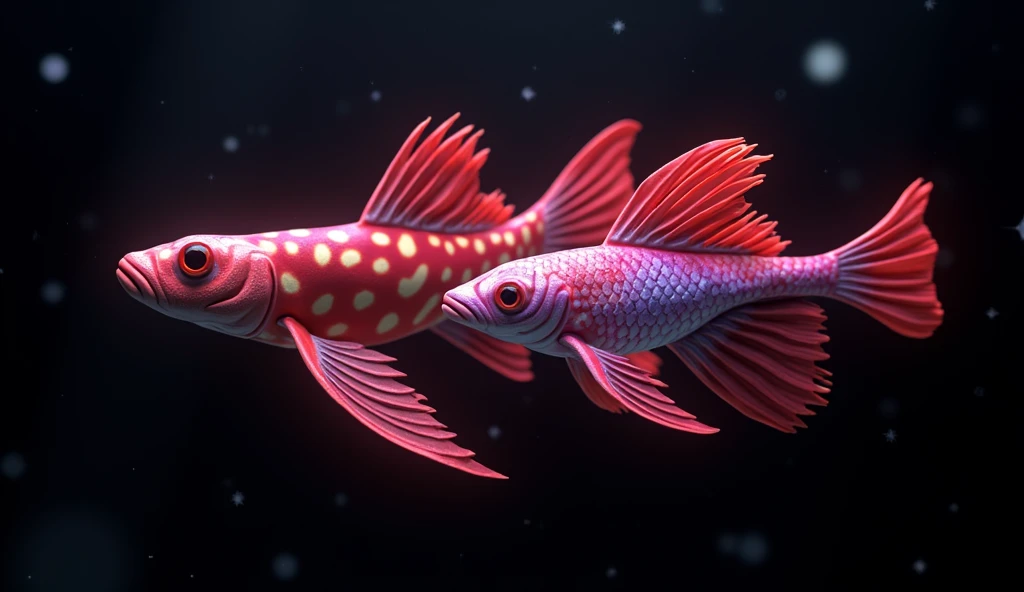 Two domineering giraffe fish, one male and one female，The tail and fins are red, Red scales on his back, Manjita smoke red light, Albino Mystic, Red scales, a purple fish, Beautifully detailed orixa, Kurumida Masami, purple mullet, She has rainbow scales, Rare fish, red realistic 3 d render, Betta, Colored zbrush rendering ，Then the background is the underwater world