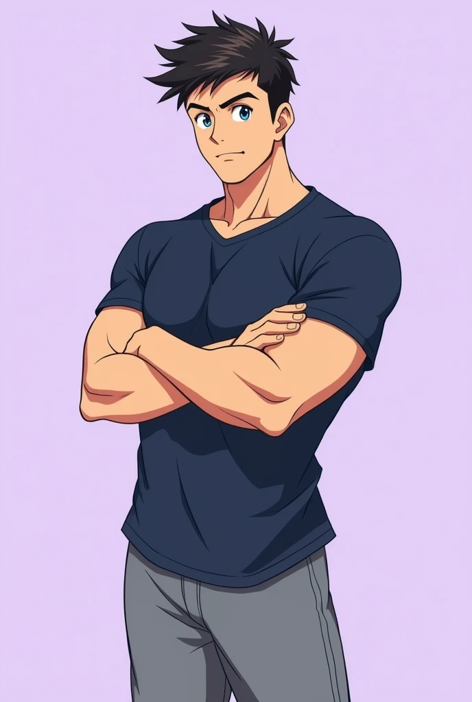 Muscular teenage anime boy with short hair standing hand cross with dark blue full t shirt and grey pajama with light purple background he looks like me