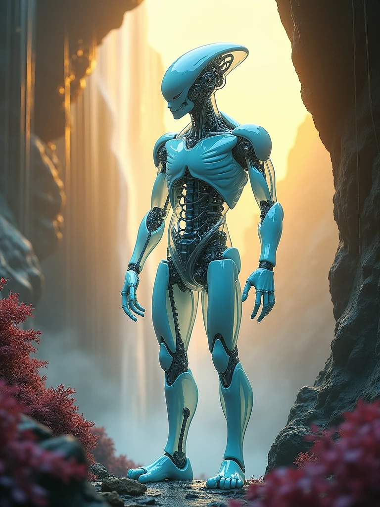 a male alien with light blue translucent skin showing  mechanical bones taking a shower in a waterfall, yellow skies, burgandy vegetation