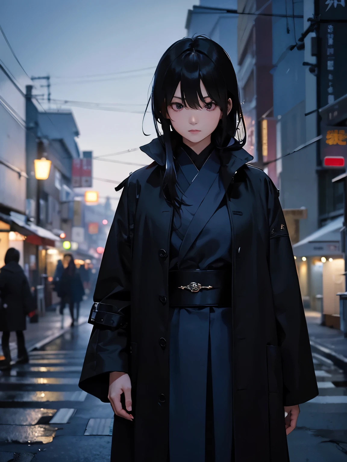 Black Hair、Cold look:1.5、Japanese Teens、Dark Background、One Cool Lady:1.2、Long coat、Sharp Eye、night、Don&#39;t look at the camera:1.2、Sad face