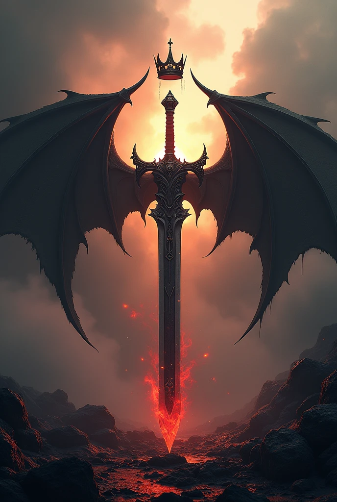 (photorealism:1.2), hell and demon wings sword in middle make unique without figures of human or any skeleton make it evil type Use crown 