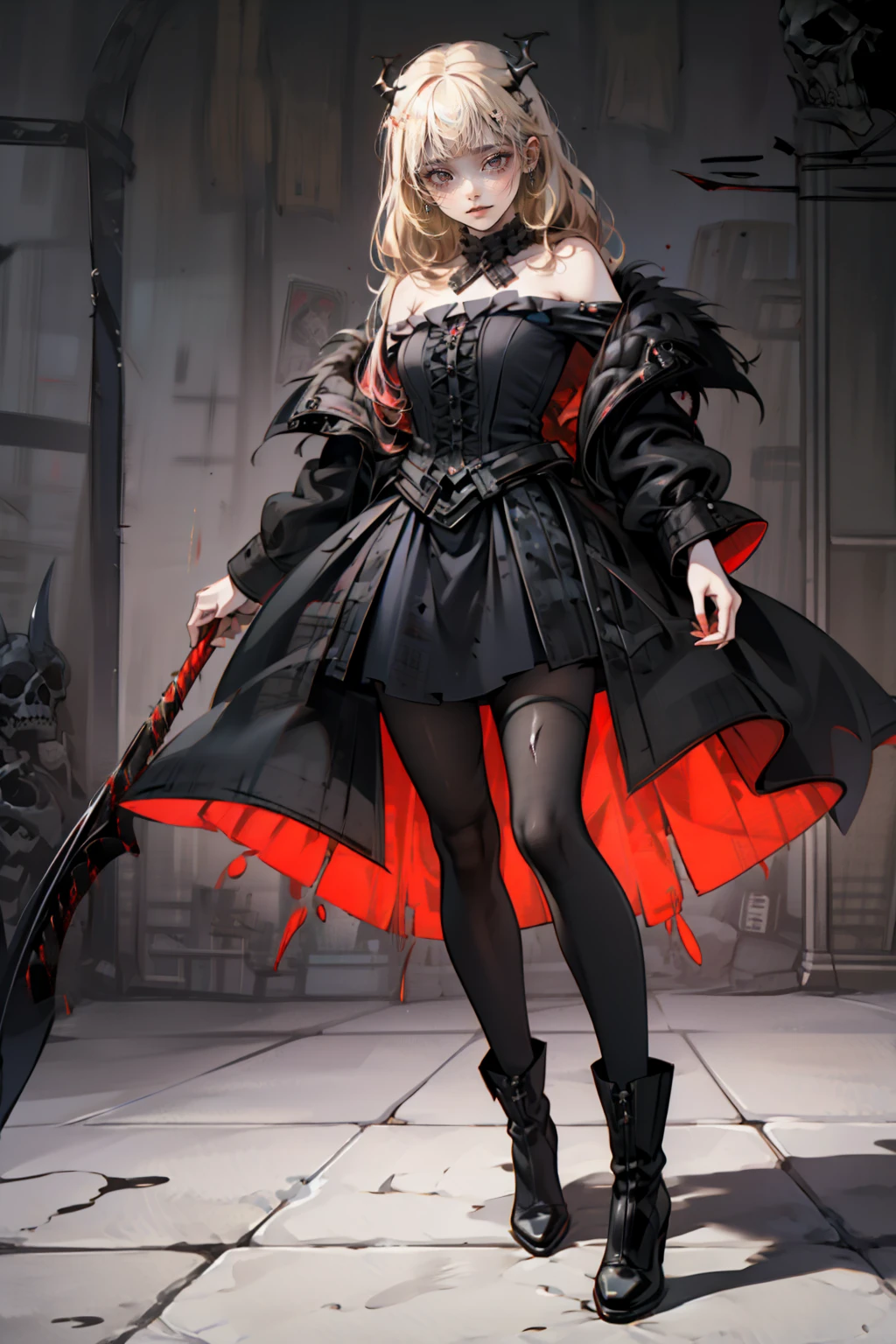 shaded face　、beautiful girl、とてもcute天使、Pink Gothic Fashion、cute、Baby Face、smile、Long skirt、Black long boots、.(Highest quality,4K,High resolution,masterpiece:1.2),Very detailed,Realistic:1.37,Spooky altar background,Dark fantasy,Red color scheme,Ominous atmosphere,Eye-catching,Storytelling,anatomy,Anime Style,Concept Art,beautiful細部までこだわった顔と (((Red eyes ))),A terrifying ritual ,Satanic Ritual,Premature death,inappropriate behavior,クレイジーなsmile,Scythe Face,Girl Monster, beautiful, Delicate facial features, Sharp Eye, Sharp Fangs, pale skin, Dark Background, Cinema Lighting, Dramatic Shadows, Gothic style, Gloomy atmosphere, Dark fantasy, one person&#39;s, Please open your mouth wide, Open your mouth and baring your teeth,Sharp teeth like a beast, Wide lips, very wide mouth, Vermilion cheeks, ,(Blood splatter:1.4),Scary smile, smile,Angel Design, Twisted smile、Bloody、bleeding from the head,,,,,、Blood splatter、,(Blood splatter:1.4),skull,Demon Spear,Horror Style, ((Fantasy Sweet Ta Frill Pink Costume)), ((Flowing blonde hair)), ,(Blood splatter:1.4),Female curves, Sexy flat stomach, Perfect hands, Perfect anime face, (Pink Tata Dress)), Are standing, ((邪悪なsmile)), ,(Blood splatter:1.4), Steam circulates, Moonlight Illumination, night lighting, (Blood splatter:1.6),アニメAngel Design, Twisted smile、Bloody、bleeding from the head,,,,,、Blood splatter、,(Blood splatter:1.4), skull,Gothic architecture、Western architecture、Fantasy World、,Victorian cities, Skeleton Gas Light,Absurd, High resolution、 ((Tabletop)), ((Highest quality)), (Very detailedな), ((Very detailed)), (beautiful), ((cute)), (NFSW:1.8), alone,(:1.6)、(world&#39;The most terrifying and creepy demon girl:1.5)beautiful face、Whole Body Ezbian、pale, beautiful肌、beautiful金の髪、優しくsmileむ、Dark building ruins、(snow white&#39;Frill dress:1.3)、(The dark ruins are stained with blood:1.3)、Low angle full body shot、(少女は血の海の中にAre standing:1.5)、(The ground is full of blood:1.3)、(The girl lost a lot of blood....:1.3)、(クレイジーなsmile:1.6)、Spirits、(Blood dripping from the mouth:1.3)、
