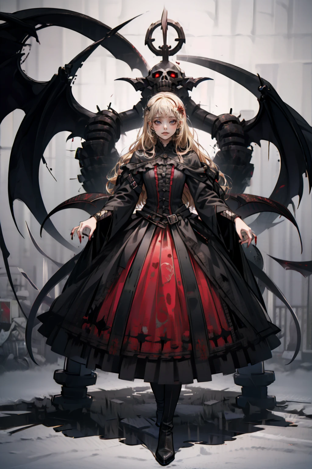 shaded face　、beautiful girl、とてもcute天使、Pink Gothic Fashion、cute、Baby Face、smile、Long skirt、Black long boots、.(Highest quality,4K,High resolution,masterpiece:1.2),Very detailed,Realistic:1.37,Spooky altar background,Dark fantasy,Red color scheme,Ominous atmosphere,Eye-catching,Storytelling,anatomy,Anime Style,Concept Art,beautiful細部までこだわった顔と (((Red eyes ))),A terrifying ritual ,Satanic Ritual,Premature death,inappropriate behavior,クレイジーなsmile,Scythe Face,Girl Monster, beautiful, Delicate facial features, Sharp Eye, Sharp Fangs, pale skin, Dark Background, Cinema Lighting, Dramatic Shadows, Gothic style, Gloomy atmosphere, Dark fantasy, one person&#39;s, Please open your mouth wide, Open your mouth and baring your teeth,Sharp teeth like a beast, Wide lips, very wide mouth, Vermilion cheeks, ,(Blood splatter:1.4),Scary smile, smile,Angel Design, Twisted smile、Bloody、bleeding from the head,,,,,、Blood splatter、,(Blood splatter:1.4),skull,Demon Spear,Horror Style, ((Fantasy Sweet Ta Frill Pink Costume)), ((Flowing blonde hair)), ,(Blood splatter:1.4),Female curves, Sexy flat stomach, Perfect hands, Perfect anime face, (Pink Tata Dress)), Are standing, ((邪悪なsmile)), ,(Blood splatter:1.4), Steam circulates, Moonlight Illumination, night lighting, (Blood splatter:1.6),アニメAngel Design, Twisted smile、Bloody、bleeding from the head,,,,,、Blood splatter、,(Blood splatter:1.4), skull,Gothic architecture、Western architecture、Fantasy World、,Victorian cities, Skeleton Gas Light,Absurd, High resolution、 ((Tabletop)), ((Highest quality)), (Very detailedな), ((Very detailed)), (beautiful), ((cute)), (NFSW:1.8), alone,(:1.6)、(world&#39;The most terrifying and creepy demon girl:1.5)beautiful face、Whole Body Ezbian、pale, beautiful肌、beautiful金の髪、優しくsmileむ、Dark building ruins、(snow white&#39;Frill dress:1.3)、(The dark ruins are stained with blood:1.3)、Low angle full body shot、(少女は血の海の中にAre standing:1.5)、(The ground is full of blood:1.3)、(The girl lost a lot of blood....:1.3)、(クレイジーなsmile:1.6)、Spirits、(Blood dripping from the mouth:1.3)、
