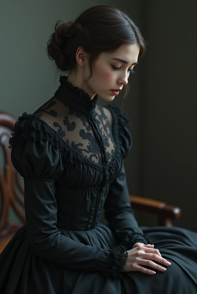Victorian lady sitting, monotone, over her head view