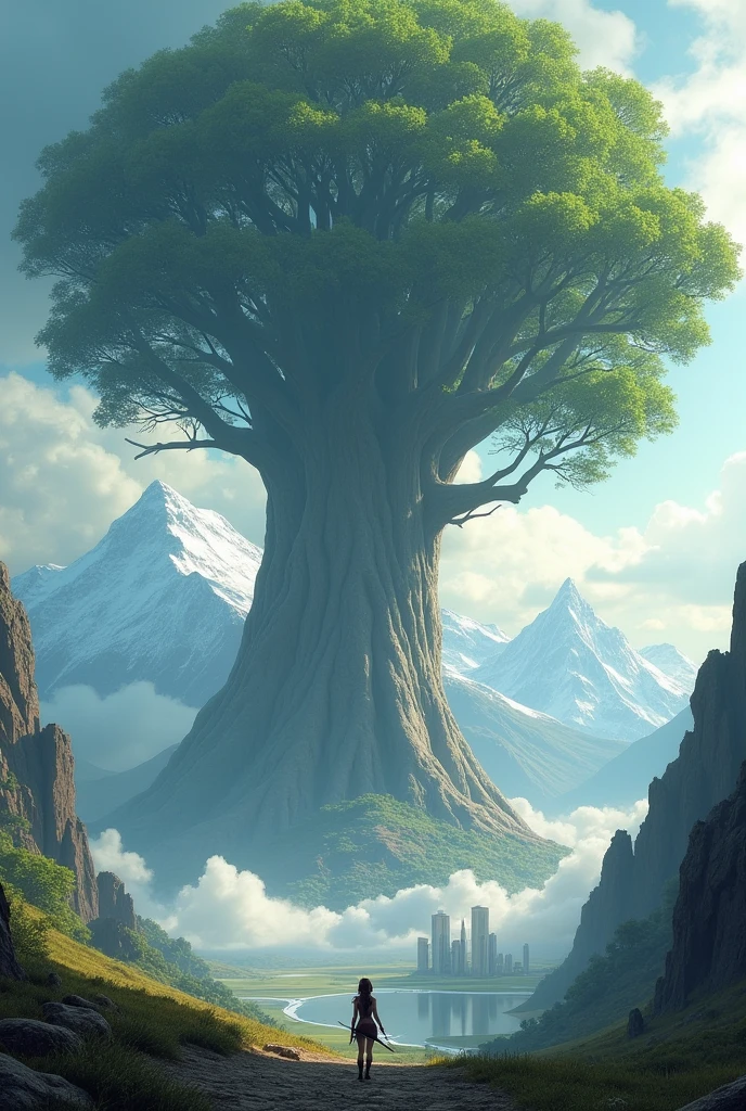 Create a hyper-realistic and highly detailed fantasy world scene where a female warrior while holding a sword is seen from a very great distance looking at a colossal tree, standing 10 kilometers tall. Below this tree, there is a range of snow-covered mountains enveloped by clouds. Beneath these mountains lies a futuristic modern city with a river flowing through its center. The focus of this photo is primarily on the incredibly large and tall tree, and secondarily on the female warrior. The scene should convey a sense of awe and the vastness of the landscape, with sharp contrasts between natural and futuristic elements.