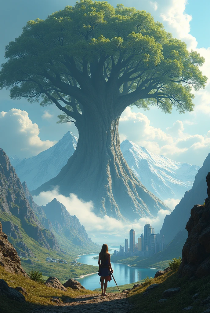 Create a hyper-realistic and highly detailed fantasy world scene where a female warrior while holding a sword is seen from a very great distance looking at a colossal tree, standing 10 kilometers tall. Below this tree, there is a range of snow-covered mountains enveloped by clouds. Beneath these mountains lies a futuristic modern city with a river flowing through its center. The focus of this photo is primarily on the incredibly large and tall tree, and secondarily on the female warrior. The scene should convey a sense of awe and the vastness of the landscape, with sharp contrasts between natural and futuristic elements.