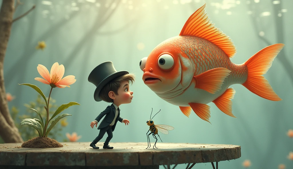 In a surreal, dreamlike setting, a large, anthropomorphic fish hovers in mid-air, its scales shimmering with subtle iridescent hues, and its large, round eyes, large eye ball, fat body, funny face, full of curiosity. The fish has vibrant orange fins that fan out gracefully, with delicate, translucent edges that catch the light. It faces a peculiar, a cartoonish boy who is dressed in a perfectly tailored black suit, laughing, complete with a crisp white shirt and a tall, slightly tilted top hat. The boy’s head is disproportionately large, exaggerated popped eyes that mirror the fish's inquisitiveness. His expression is one of intense focus, goofy as he leans precariously forward on the edge of a weathered platform, his hands clasped behind his back. Between them, a tiny, delicate insect with gossamer wings hovers, seemingly frozen in the moment. The background is an ethereal, muted blend of soft grays, beiges, and blues, with faint, abstract textures that enhance the otherworldly atmosphere of the scene. A single, fragile flower grows from a crack in the platform, adding a touch of whimsy to the already fantastical environment. There are so much water bubbles in the background and underwater plants