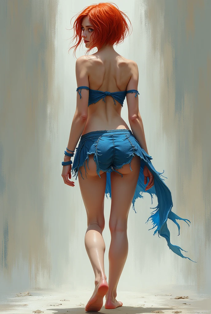 A (((full-body))), ((ultra-detailed)), ((masterpiece)) fantasy art ((illustration)) of a ((World of Warcraft)) character, in the style of the video game. She is a beautiful, young, female (((human))) with short red hair and blue eyes. She has exquisite caucasian features and ((very pale)) ((milky-white skin)). She has a ((very slim body)), with a tiny waist and skinny limbs, but her ((breasts are huge and round)), and look far too big for her slender little body. She is wearing only a ripped, skimpy blue top that reveals significant cleavage, and a torn, ((very short skirt)) that leaves her ((very thin thighs)) completely bare. She is ((facing away from the camera)), in a provocative pose that shows off her ((skinny legs)) and ((tight little ass)) and ((bare feet)). Her (((whole body from head to toe))) is shown.