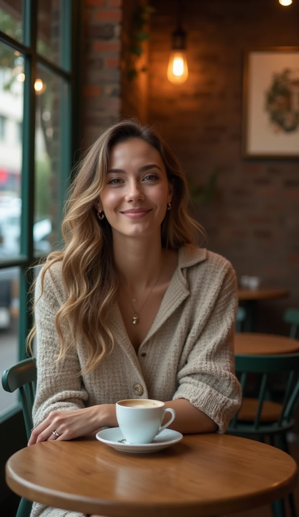 The model sits at a small, round café table, leaning forward slightly with one hand resting on the table and the other holding a coffee cup. Her expression is flirty and engaging, with a soft smile and playful eye contact as if she's enjoying a light-hearted conversation. Capture from a slightly low angle to include the quaint café environment and highlight her interaction with the setting.