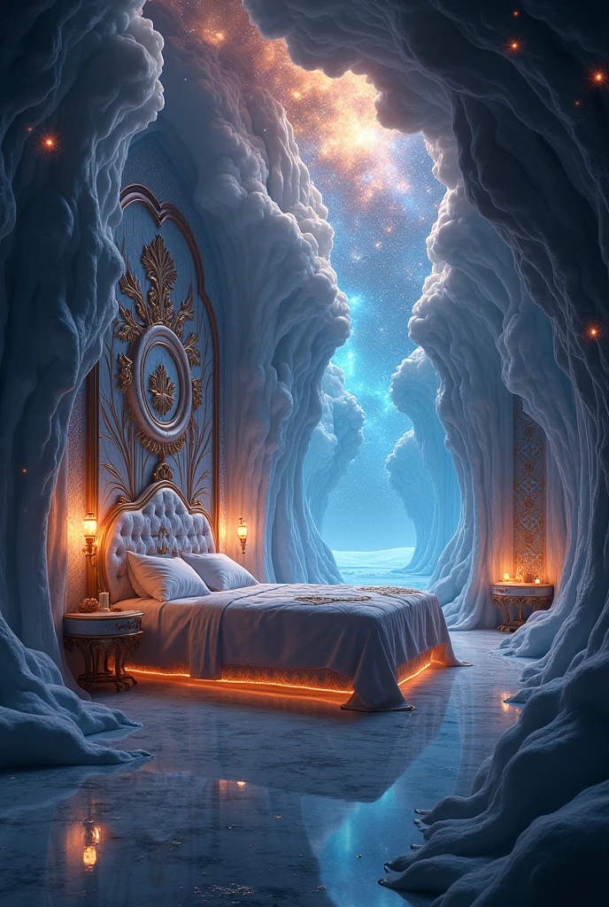A gorgeous bedroom in a mysterious space。universe space