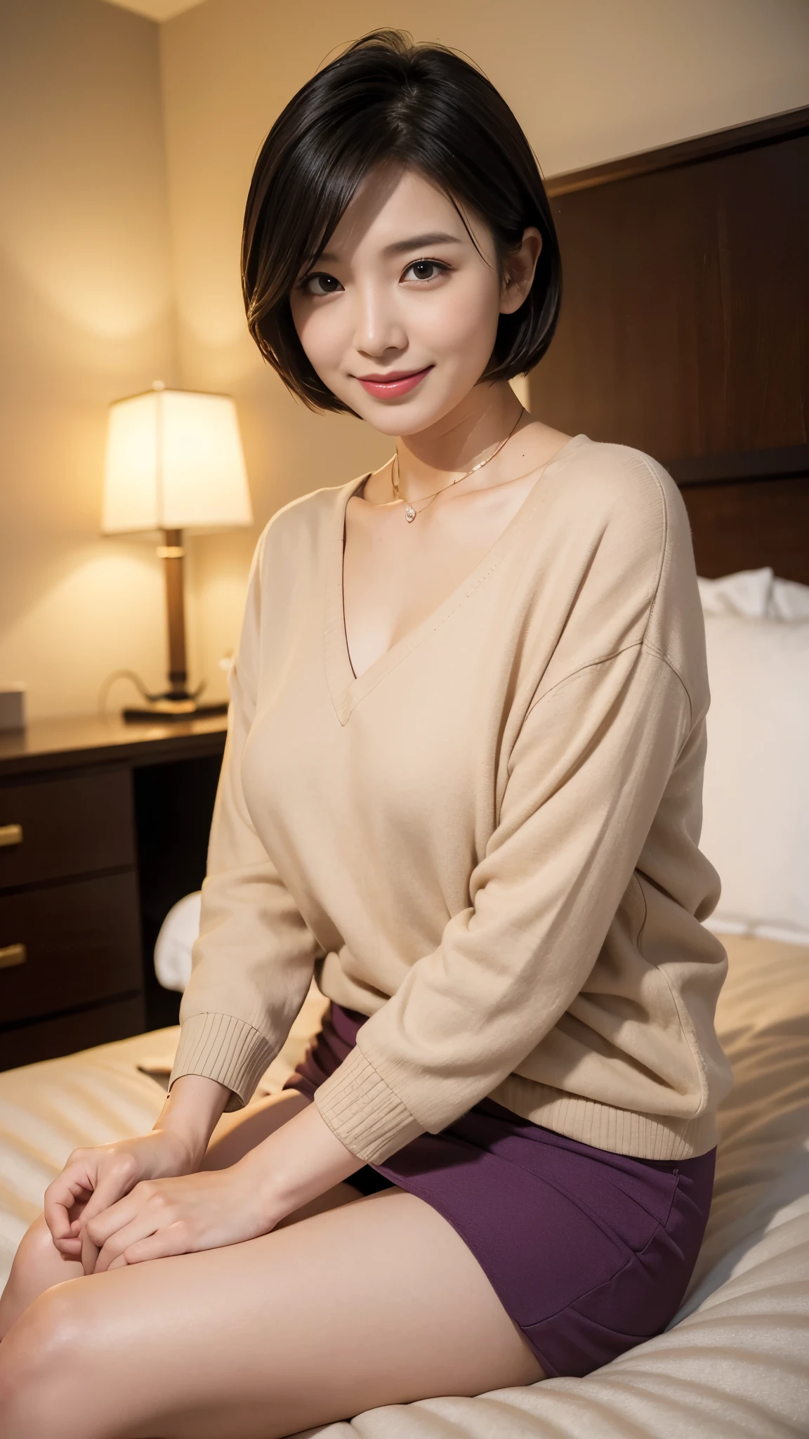 Portrait, 8k, high quality, realistic photo image, 44 yrs-. Age, Japanese woman, neat wife, housewife, natural and realistic eyes, Japanese standing, beautiful black hair, short hair, light makeup, accurate rendering, beautiful lighting, golden ratio composition, laughter, 4, Japanese woman, neat wife, housewife, natural and realistic eyes. Hair, light makeup, octane rendering, beautiful lighting, golden ratio composition, laughter, normal clothes, casual clothes, luxury city hotel, hotel room, sitting on bed, wearing red heels, collar in hand, background blur, high quality, pure Japanese style, beautiful wife, upper body, light makeup, no makeup. Makeup, neat, plain, red, purple, blue, plain, plain clothes, smiling, black eyes, background blurring.