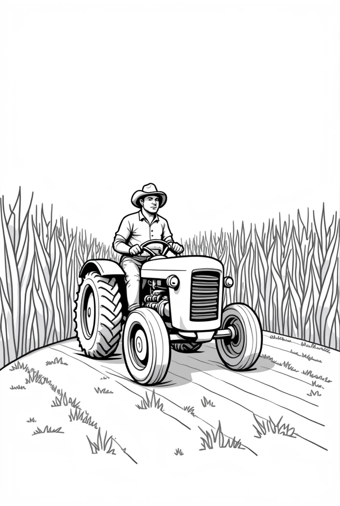 farmer working on his tractor in the corn field. Simple line, black and white, without shadow, white background for coloring. Coloring book