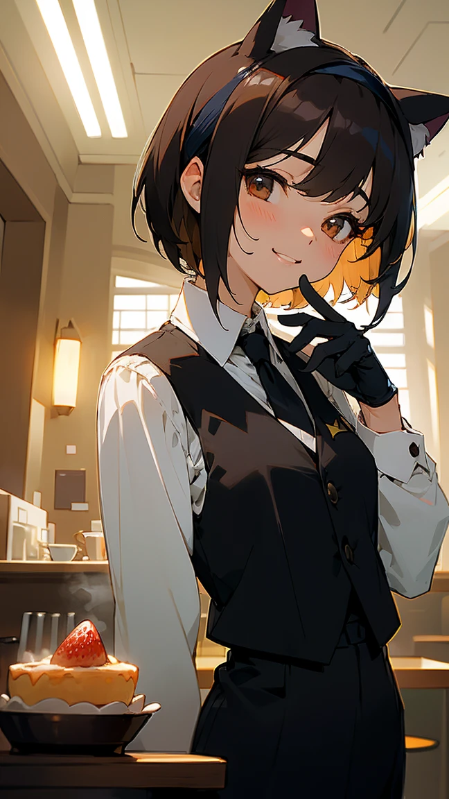 masterpiece, best quality, absurdres, score_9, score_8_up, score_7_up, source_anime, 1girl, deep brown eyes, room, wariza, medium hair, pixie bob haircut, black hair, happy face, she holding an strawberry cake, portrait, starshadowmagician, solo, Adult woman, best perfect anatomy, cafe, indoors, window, crowd, standing, steam, looking at viewer, cat ears headband, white shirt, black tie, format black vest, Long-sleeved shirt, blazer, white format gloves, black trousers, dynamic angle. perfect dynamic composition, upper body, smile, Shooting up close, Shooting from the side, hanging light, ceiling light, potted plant, background: cafe,