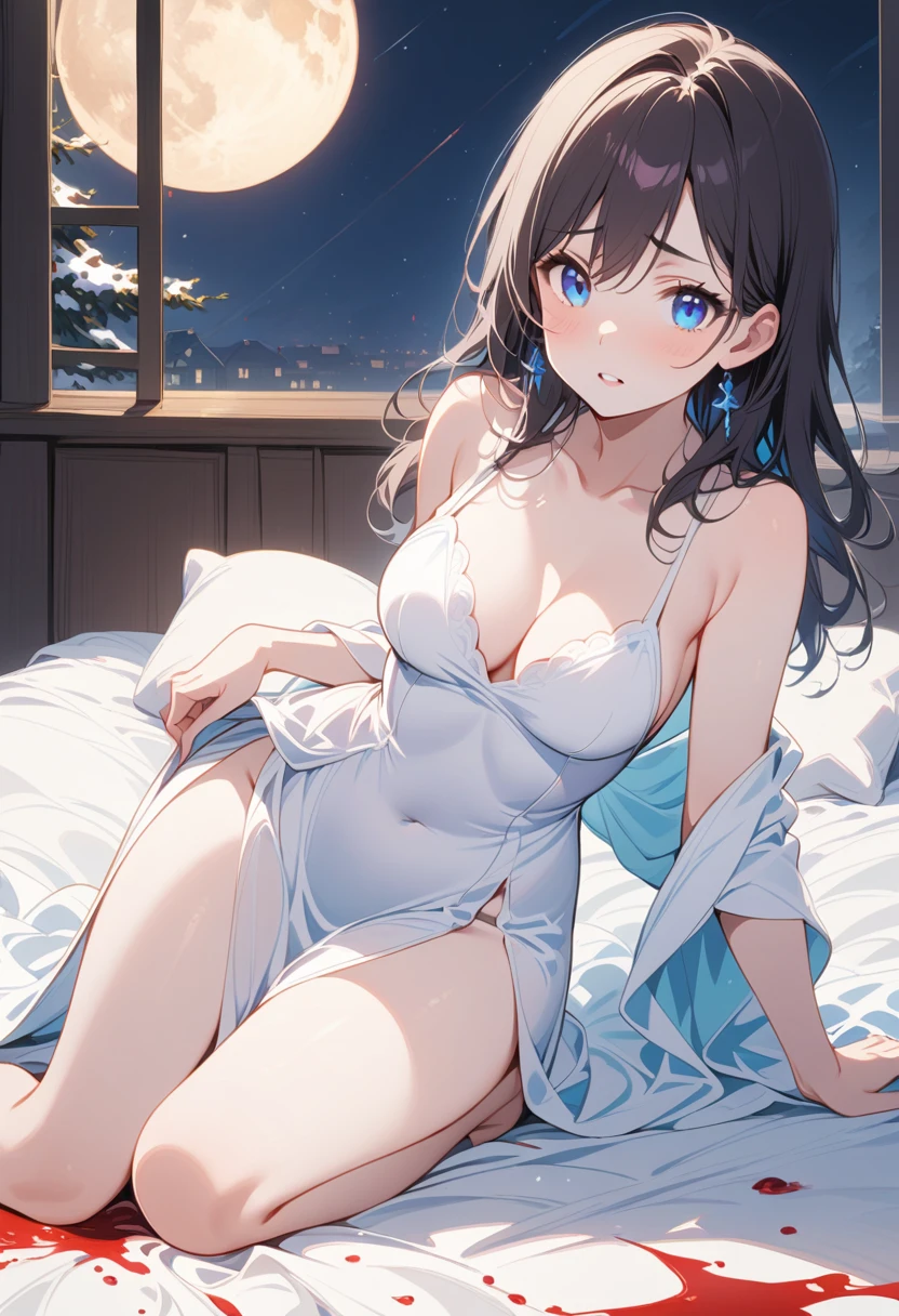 Thin legs,1 girl,Full body portrait,Jet black hair,Blue Eyes,on the bed,night,A white robe with high slits on both sides,Show your legs,Snow white skin,Dignified and holy,Mature charm,with a slightly furrowed brow,lovable,Drops of blood fell to the ground,Rendered,