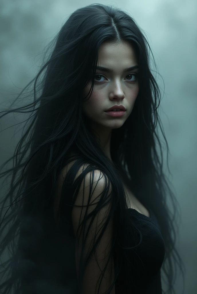 Portrait of emb-rebecca with long black hair in the mist, Movie Lighting, photoPractical, Gorgeous, complex, Practical, detailed, volumetric light and shadow complex, elegant, highly detailed, number, Art Station, Concept Art, Smooth, Clear focus, illustration, Art work：artgerm、greg rutkowski 和 alphonse mucha, super detailed