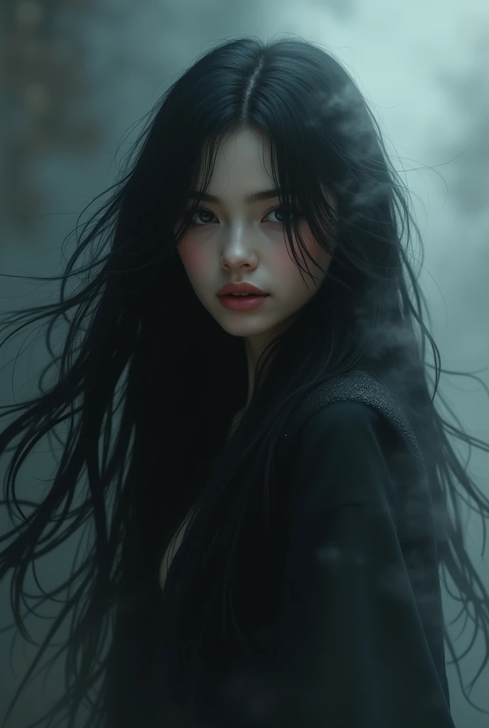 Portrait of emb-rebecca with long black hair in the mist, Movie Lighting, photoPractical, Gorgeous, complex, Practical, detailed, volumetric light and shadow complex, elegant, highly detailed, number, Art Station, Concept Art, Smooth, Clear focus, illustration, Art work:artgerm、greg rutkowski 和 alphonse mucha, super detailed