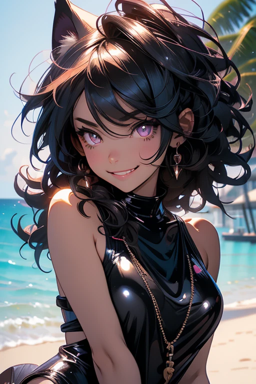 Perfect face. Perfect hands. A black haired woman with violet eyes and black fox ears and a black fox tail in a cute one-piece swimsuit is smiling while leaning forward at the beach
