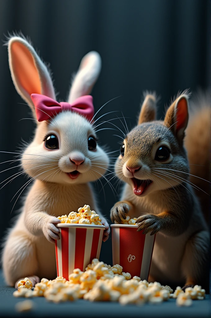 a squirrel, #un lapin regarde t film horreur.
A photorealistic image of a real rabbit with a pink bow on its head and long eyelashes + un vrai écureuil sorti en rendez-vous en regardant un film d'horreur ensemble.
Leurs visages réagissent à une frayeur de saut sur l'écran. Using high-speed photography effect, l'éclaboussure de coca du lapin sort de sa boîte et gelée en plein air. Squirrel popcorn comes out of its popcorn box and freezes in the open air.
Ils ont tous les deux un air de choc sur leur visage.