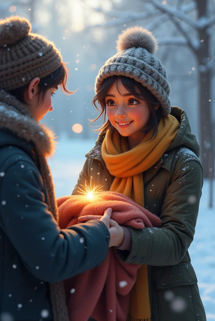 Sharing Warm Clothes: A person offering a blanket or coat to someone in need on a cold winter day, with snow gently falling around them, symbolizing the warmth of human kindness.