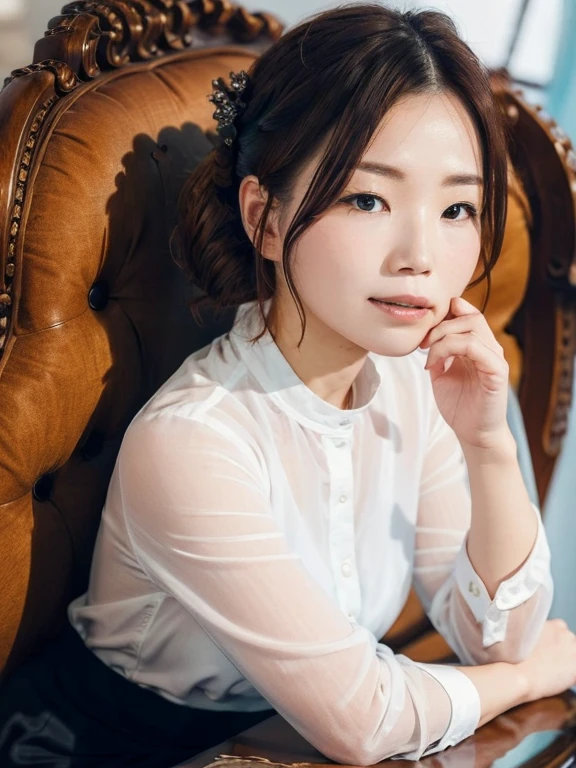 Close-up of a woman in a white blouse sitting on a chair, Gorgeous Young Korean Woman, White clothes are very transparent, 