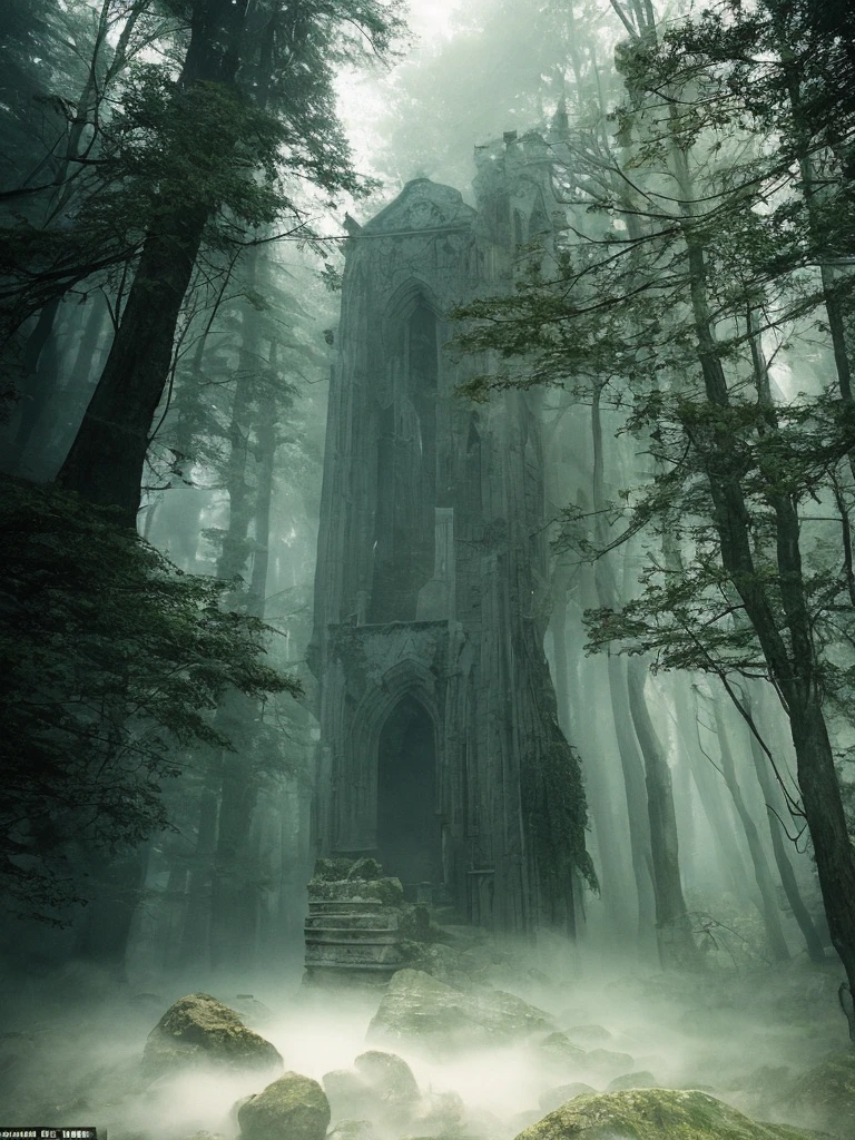 Impressive abandoned stone church, ruins in a dark misty forest, dark fairytale atmosphere, soft light, high chaos, intricate work by Johan Grenier style, Alyssa Monks style