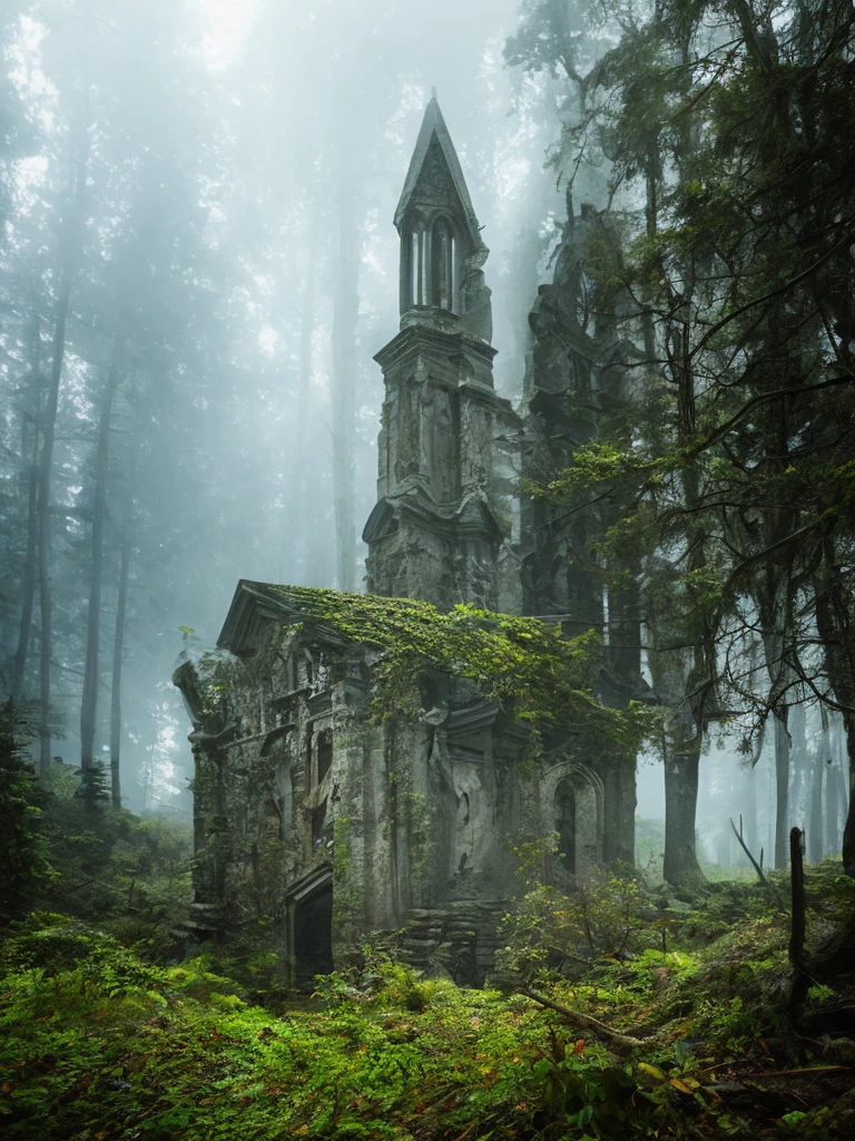 Impressive abandoned stone church, ruins in a dark misty forest, dark fairytale atmosphere, soft light, high chaos, intricate work by Johan Grenier style, Alyssa Monks style