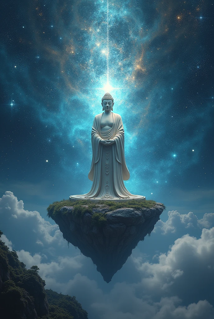 Buddha stand on earth galaxy stars glowing