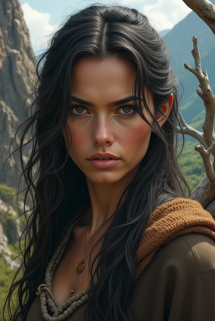 A portrait of a woman with strong and determined features, with rustic and natural details in the background, like mountains or twisted trees, that symbolize struggle and resistance.