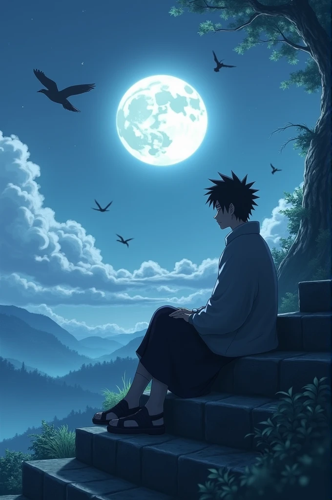 anime man sitting on steps looking at the moon and flying birds, itachi uchiha, inspired by Josetsu, itachi, inspired by Nōami, quiet and serene atmosphere, inspired by Kanō Hōgai, beautiful anime scene, watching the sun set. anime, inspired by Asai Chū, anime wallpaper 4k, anime wallpaper 4 k