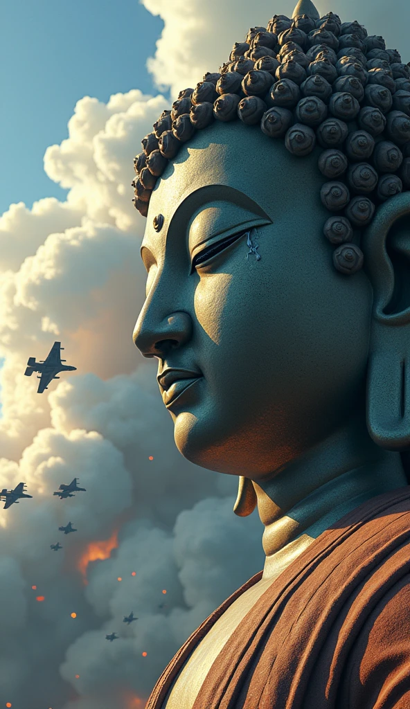 a huge buddha statue shedding a single tear, many war planes can be seen in the sky, air raid, focus on the buddha's face, smokey scene, explosion, very sharp color, very detailed, well defined, high resolution, 4k