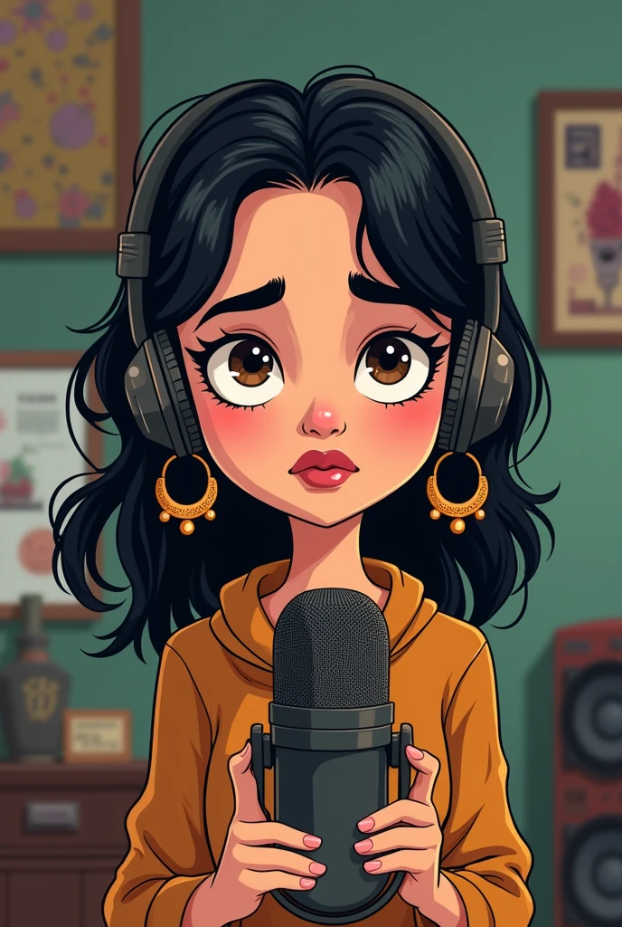 a desi touch, a brown girl with medium thick eyebrows, small downturned light btown eyes, light skin, small nose, small but heavy lower lip and dark shirt hair with jhumka earrings minimal alt clothing and desi background and icon picture for a podcast with a girl and a mic tim-burton cartoonish simple style with dark circles and eye bags should not look like anime but more gothic tim burton, she should not be too skinny either and minimal makeup lipstick shoikdnt be too dark and backgroind should be broader and more desi and podcast themed wallapaper holding a podcast mic and headphones, no blush and heavy tired dark circles eyes
