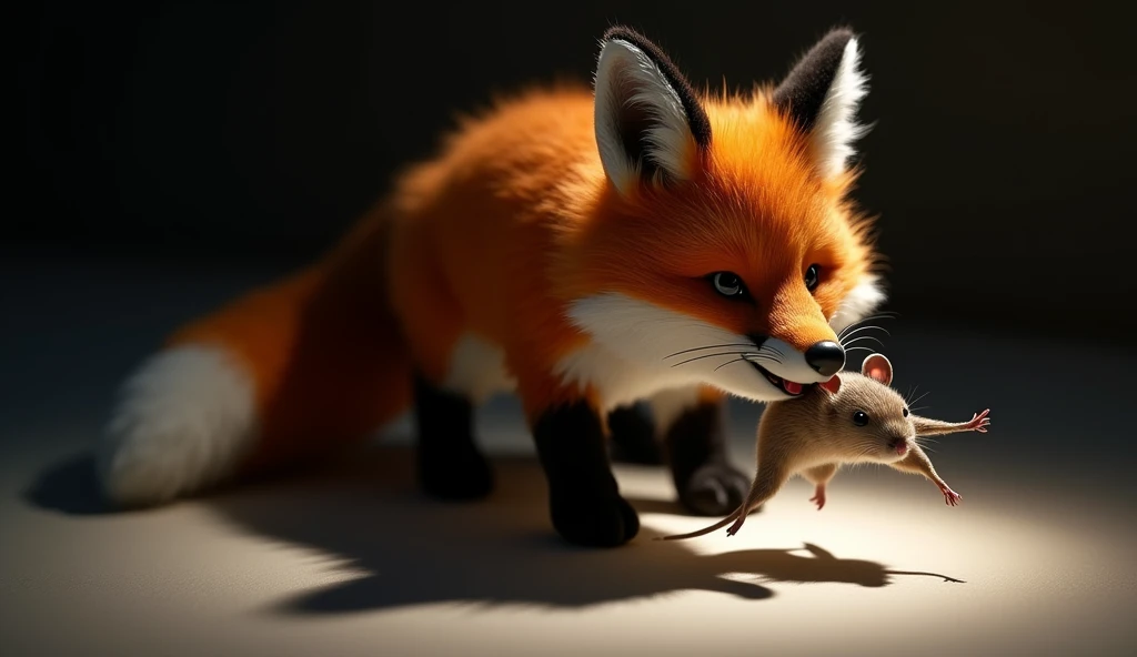There is a shadow、Photorealistic、Ultra HD、The fox is holding a mouse in its mouth、stuffed toy