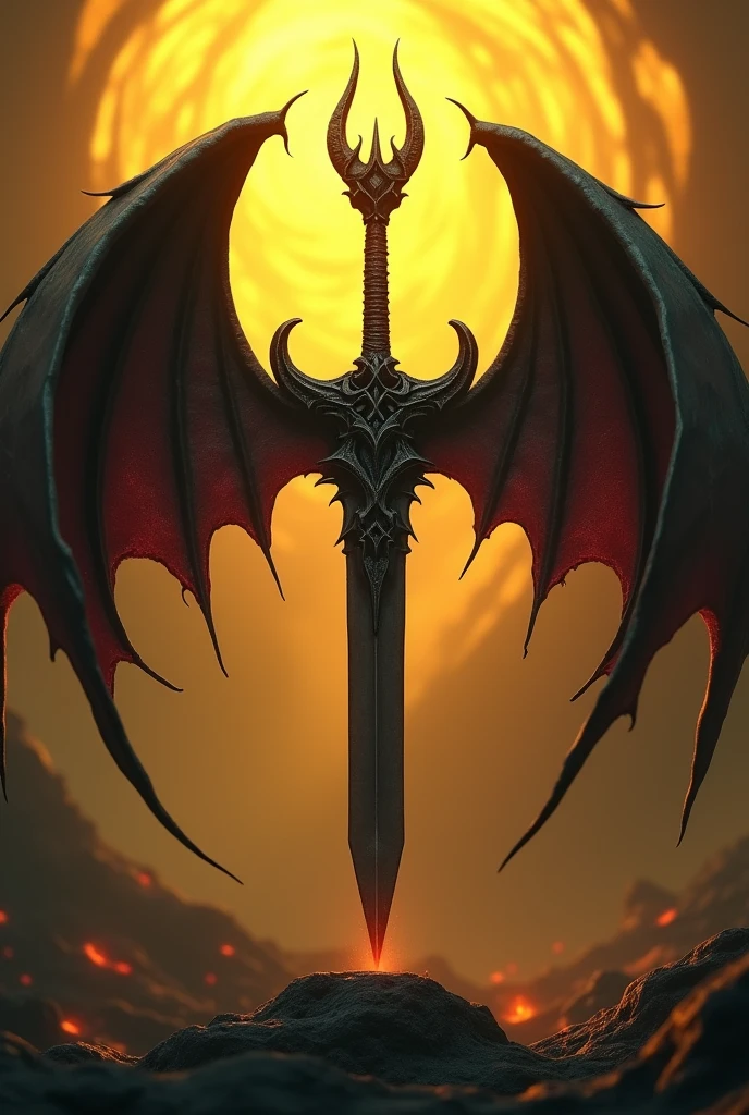 (photorealism:1.2), hell and demon wings sword in middle make unique without figures of human or any skeleton make it evil type Use crown which can be used on yellow in background