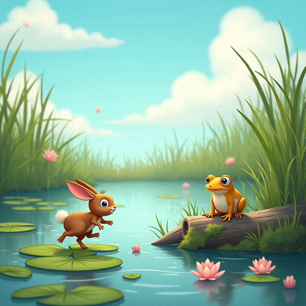 sunny blue sky, frog on a log, little brown bunny jumping over lily pads on the bog