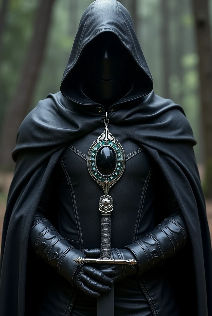 A man dressed in a suit of all-black leather armor, a hood covers his face almost completely, leaving him with a gloomy air, holding a black sword and above the leather garment rests below his neck a silver amulet with an oval pendant and in the center of the pendant a black mystical stone with dark green and dark blue details has the design of a vertical sword with the blade facing down.