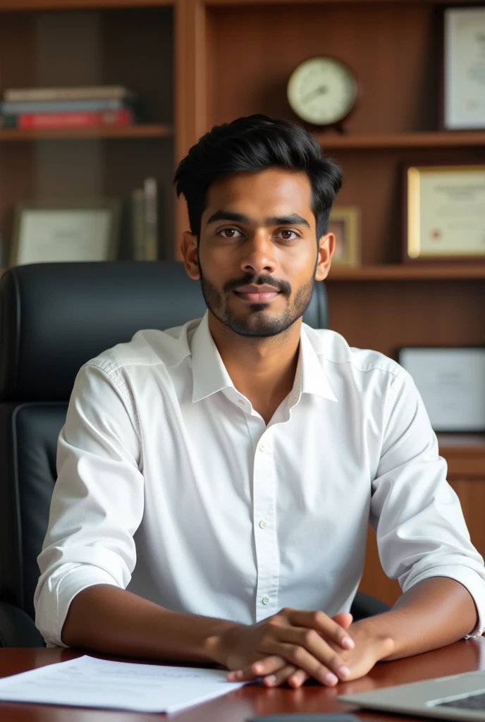 A tamilnadu young polititian wear white shirt and sitting in office