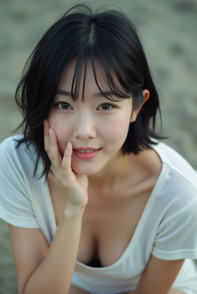 (Highest quality, 8k, 32K, masterpiece, Ultra-high resolution:1.2),Beautiful Japanese Women Photos,Black short hair,Beautiful Face,(Leaning forward:1.3),squat,(From above:1.2),(close:1.4),throw,,Look at other people,smile, Loose fitting T-shirt,Large Breasts,Beautiful nipple exposure,Outdoor,the wind is strong,Glowing Skin,Blurred Background