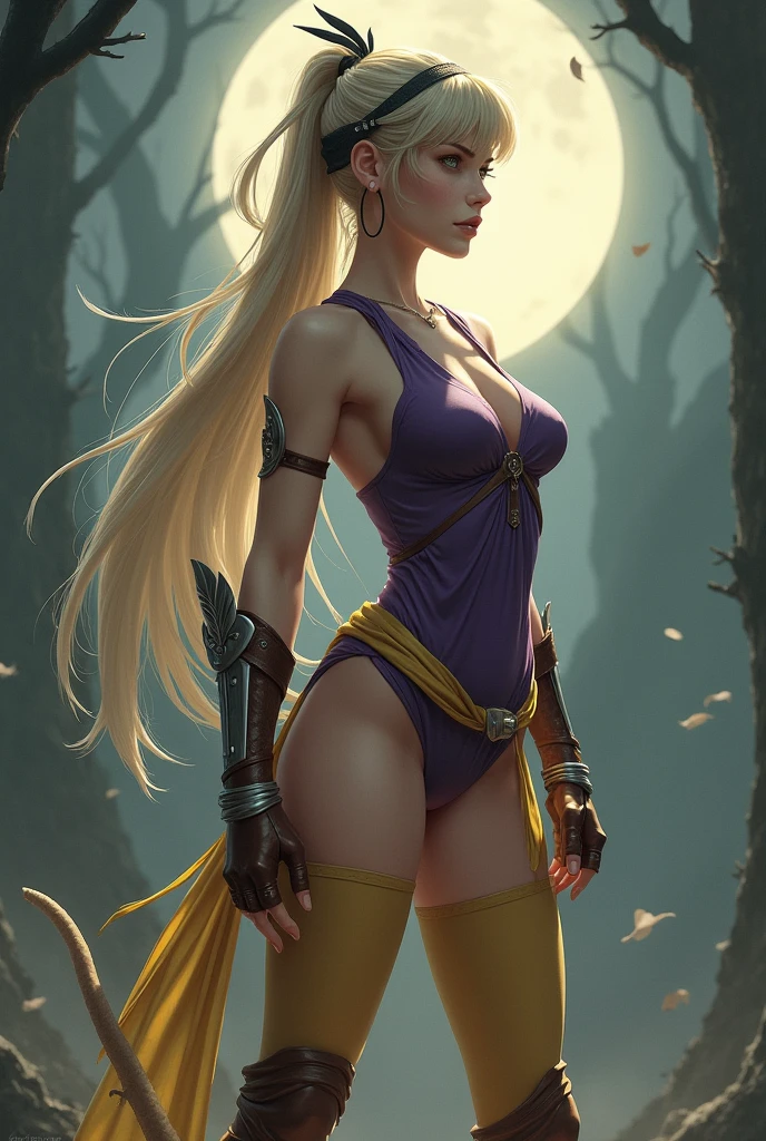 Goddess Diana, long ponytail, bang hair, blonde, green eyes, slanted eyes, slanted eyebrows, muscular, tall, pale skin, purple leotard, yellow sarashi, brown tabi, ninja shoes, brown ninja gloves, silver feather arm guards, bare shoulders, bare thigh legs, thigh high thick yellow socks, crescent moon black ninja headband, hoop earrings, monkey tail