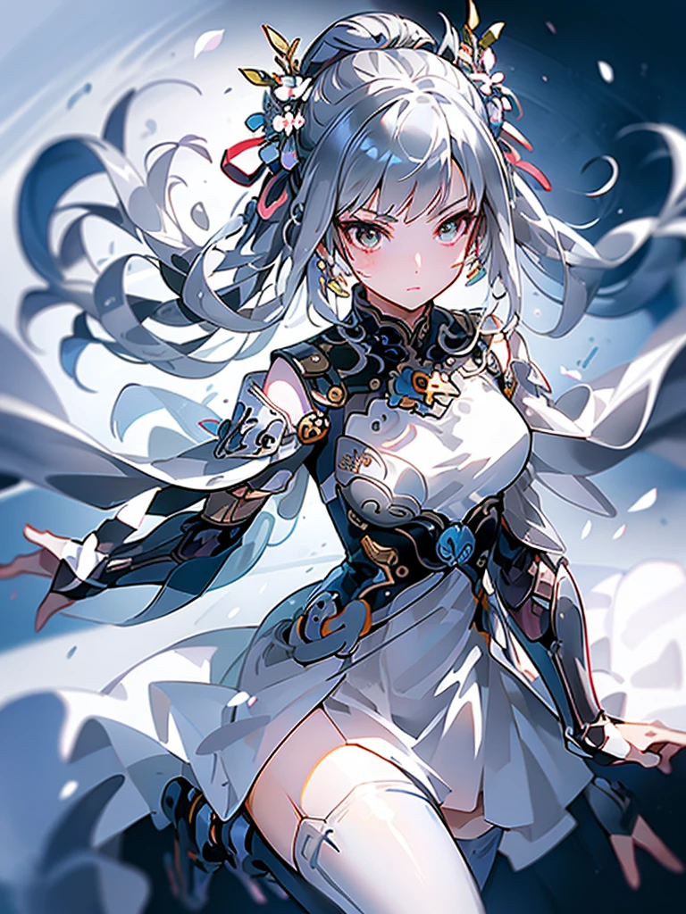 Best quality at best，highly  detailed，tmasterpiece，ultra - detailed，solo，（1girl），（Elaborate Eyes），（white backgrounid：1.3），lily_\（florals\），sabias_lily，bionde_hair，ahoge，green_eyes，white_gloves，lacepantyhose，hair_bow , white dresses, Anime visuals of wariza cute girls, Beautiful Anime High School Girls, anime moe art style