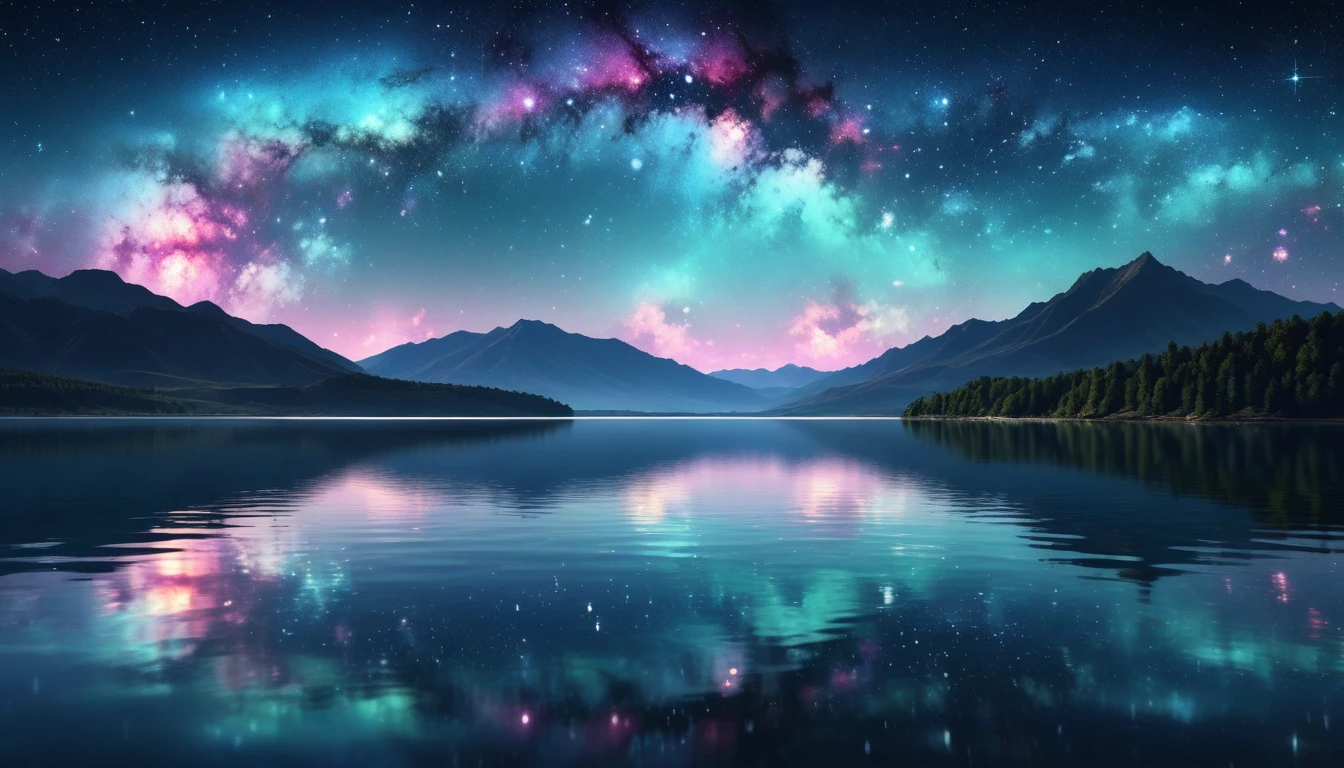 reflective water surface, huge lake, horizon, nebula, starry, ultra detailed, 8k