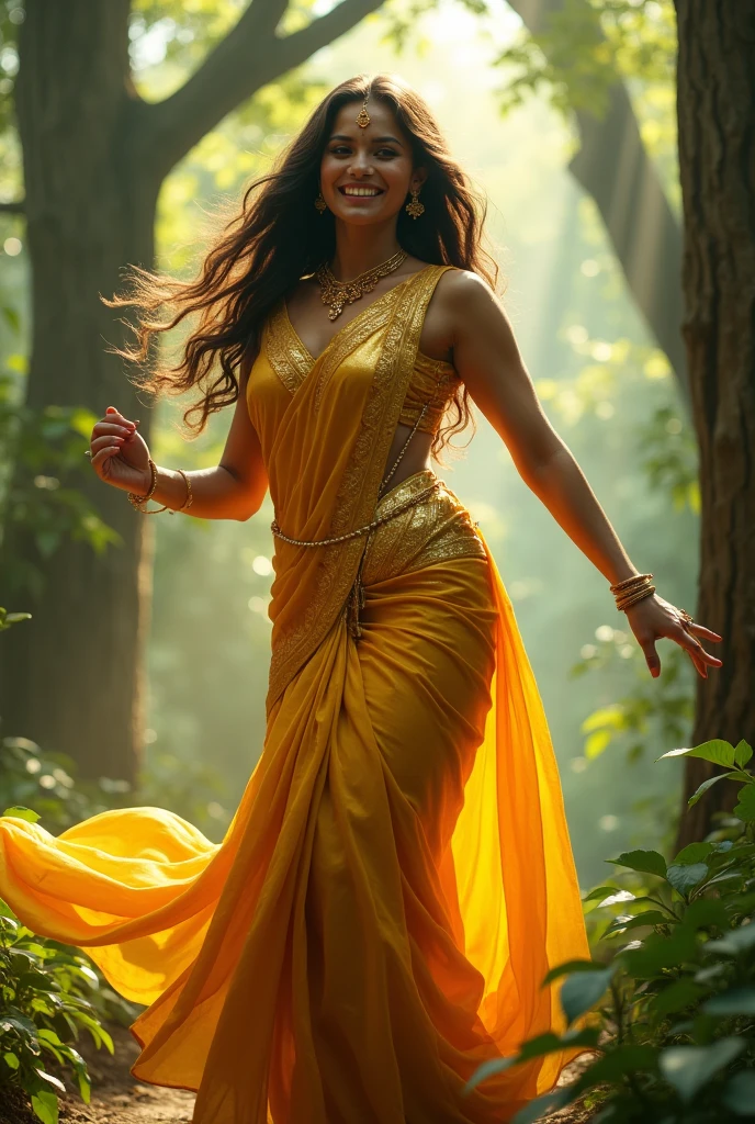 Create a woman wearing golden saree looking bold and beautiful young tall, big boobs, long hair smile face, dancing background forest 
