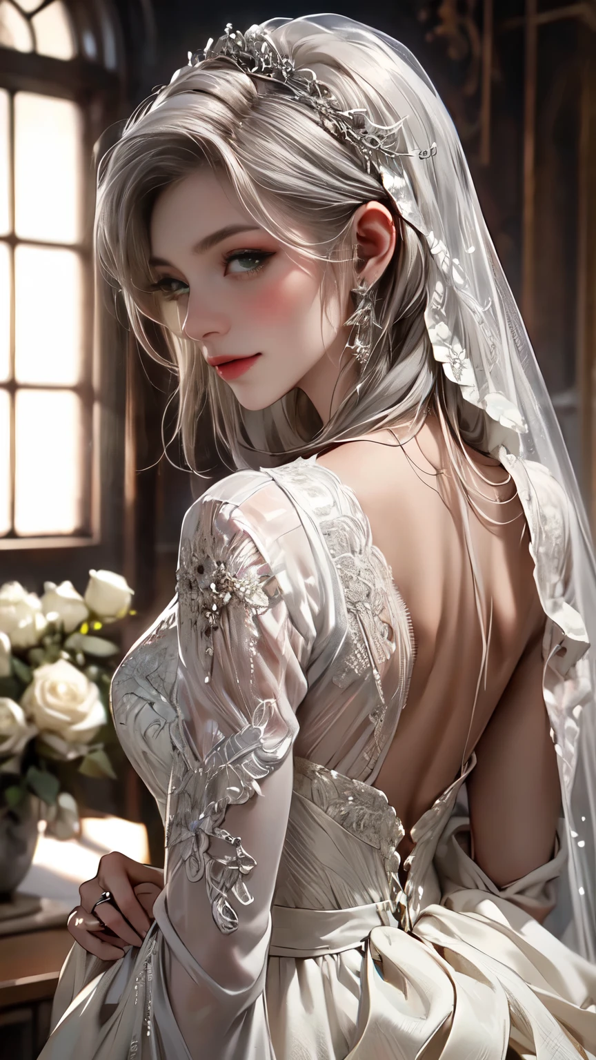 (masterpiece, highest quality, beautifully、aesthetic:1.3), Upper Body, Looking Back, View Viewer, One girl, alone, A light smile, (compensate, Long Hair, Light grey hair, Green Eyes:1.2), Ruani 0256, Bridal Veil, lace trim dress, See through, Wedding dress, Outdoor, White Rose, garden, morning, Are standing, Very detailed,