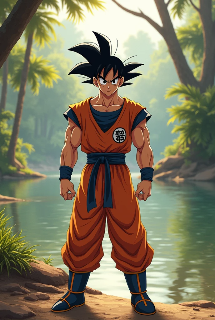 Goku wearing t shirt which is named as 'malayali' on it in a bank of river in india

