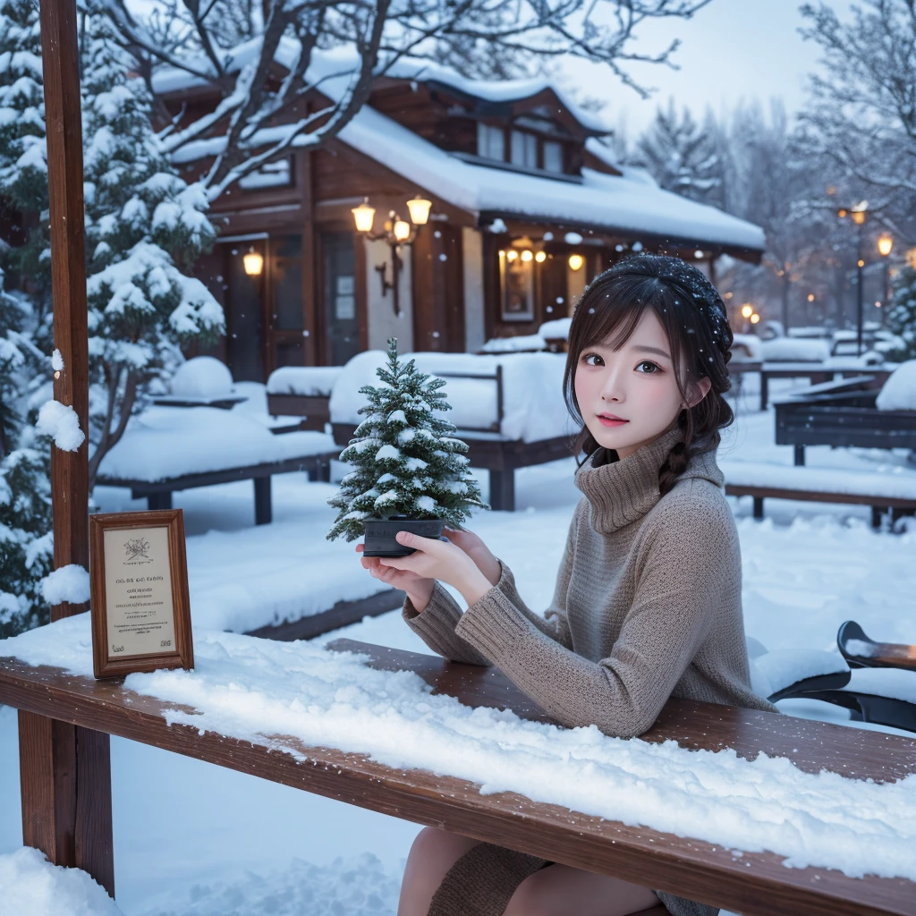 (Tabletop、Highest quality、8k、Award-winning works、Ultra-high resolution)、One beautiful woman、winter、Snow Scene、that&#39;it&#39;s snowing、(Perfect and precise knit hat:1.1)、(Classy coat:1.1)、(Elegant turtleneck knit sweater:1.1)、Very romantic and atmospheric、Spectacular Cinema Lighting、(Huge breasts are&#39;It will explode:1.1)、(Most of them emphasize the body line.:1.1)、Very long hair、Blurred Background、Accurate anatomy、Ultra HD Hair、Ultra-high resolutionの完璧な美しい歯、Ultra-high definition beauty face、Ultra HD Hair、Ultra-high definition sparkling eyes、輝くUltra-high resolutionの美肌、Ultra-high resolutionの艶やかな唇、Walking the streets of Madrid at night